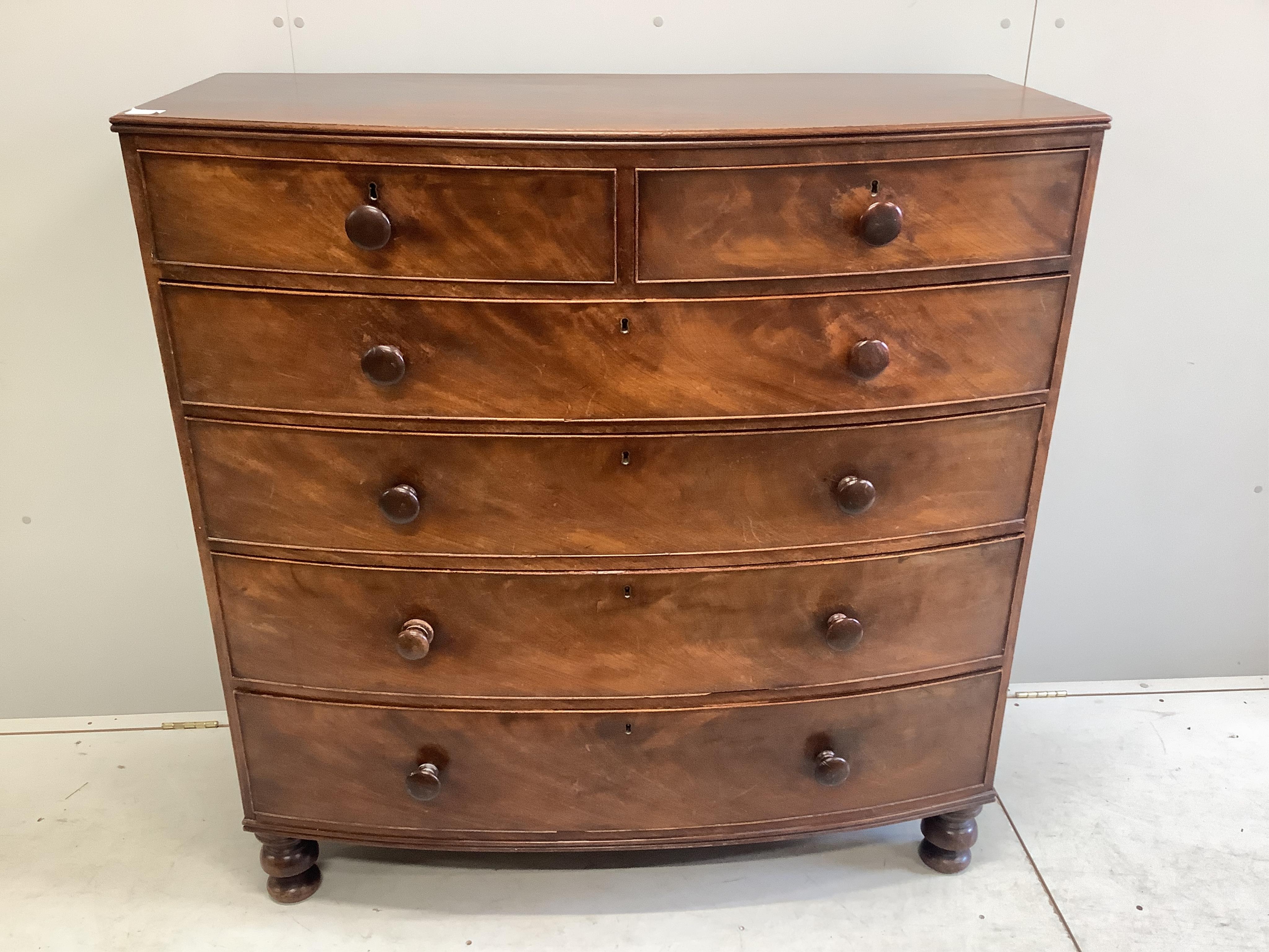 A Victorian mahogany bowfront chest, width 122cm, depth 56cm, height 126cm. Condition - fair